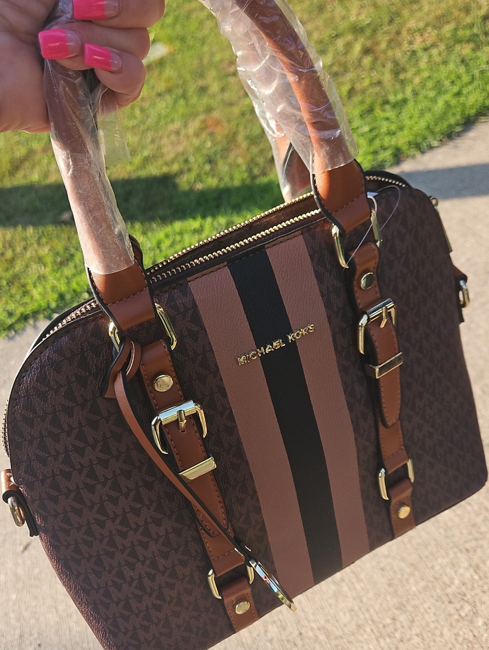 Michael Kors Brown and Tan Signature Dome Satchel with Black Stripe